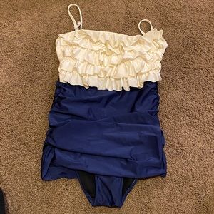 Albion Cream & Navy Ruffle Ruched swimsuit